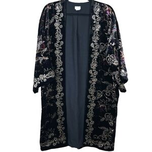 Chico’s Black Crushed Velvet Jewel-Toned Floral Imprinted Oversized Boho Kimono